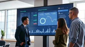 Business team reviewing stablecoin payment dashboard on a large screen
