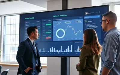 Business team reviewing stablecoin payment dashboard on a large screen