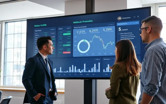 Business team reviewing stablecoin payment dashboard on a large screen