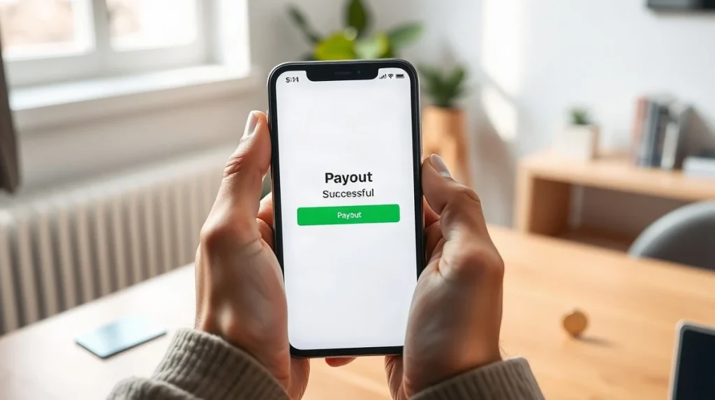 Hands holding a smartphone showing a successful Bitcoin payout confirmation on a desk