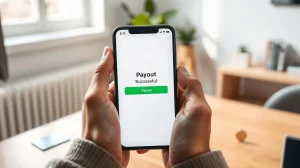 Hands holding a smartphone showing a successful Bitcoin payout confirmation on a desk