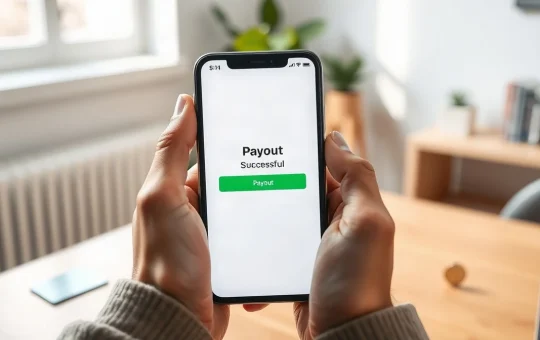 Hands holding a smartphone showing a successful Bitcoin payout confirmation on a desk