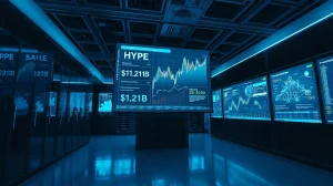 Hyperliquid protocol dashboard showing HYPE token price and revenue charts in a data center
