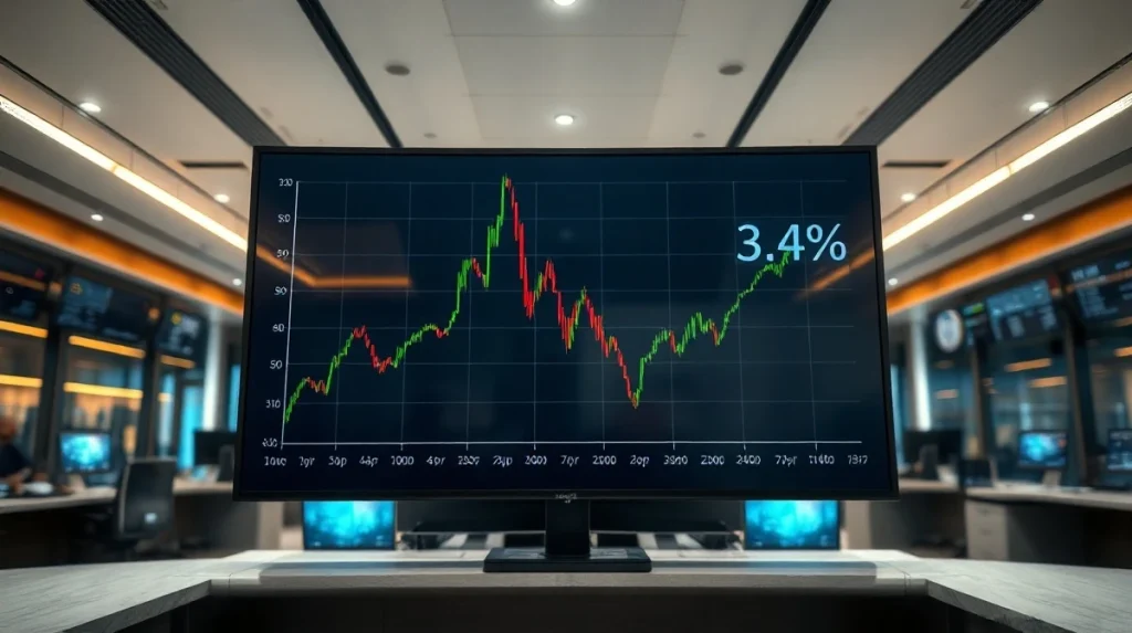 Digital display showing CPI inflation chart and 3.4% figure on a trading floor