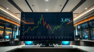 Digital display showing CPI inflation chart and 3.4% figure on a trading floor