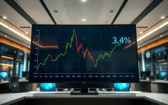 Digital display showing CPI inflation chart and 3.4% figure on a trading floor