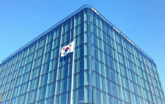 Exterior of the Korea Exchange (KRX) building in Busan, South Korea, on a clear day.