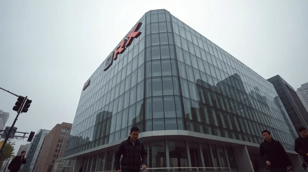 Korea Exchange building in Seoul on a cloudy day, reflecting a somber mood after the KOSPI crash.