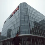 Korea Exchange building in Seoul on a cloudy day, reflecting a somber mood after the KOSPI crash.