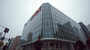 Korea Exchange building in Seoul on a cloudy day, reflecting a somber mood after the KOSPI crash.