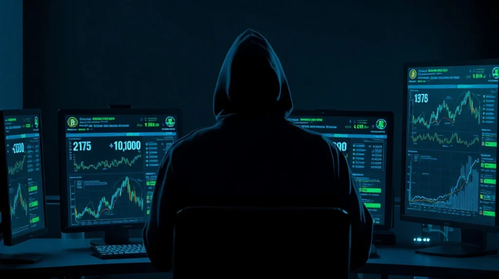 Hacker in hoodie monitoring blockchain transaction screens in a dim room