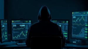 Hacker in hoodie monitoring blockchain transaction screens in a dim room