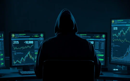 Hacker in hoodie monitoring blockchain transaction screens in a dim room