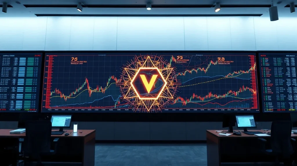 Digital display wall showing blockchain network nodes and charts in a modern data center
