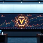 Digital display wall showing blockchain network nodes and charts in a modern data center