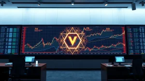 Digital display wall showing blockchain network nodes and charts in a modern data center