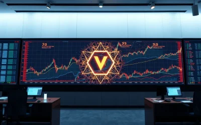 Digital display wall showing blockchain network nodes and charts in a modern data center