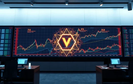 Digital display wall showing blockchain network nodes and charts in a modern data center
