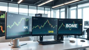 Three monitors showing bullish breakout charts for PEPE, SHIB, and BOME on a professional trading desk.