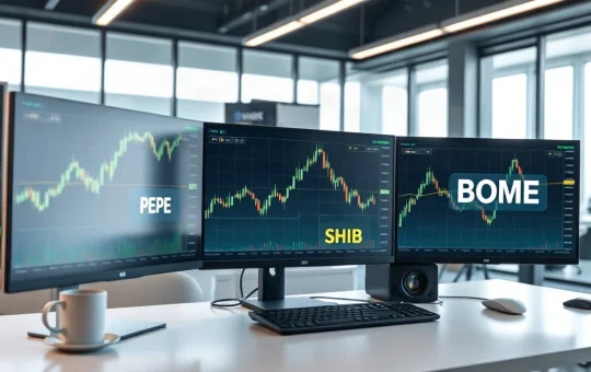 Three monitors showing bullish breakout charts for PEPE, SHIB, and BOME on a professional trading desk.
