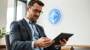 Investor analyzing Ethereum price chart on tablet in modern office
