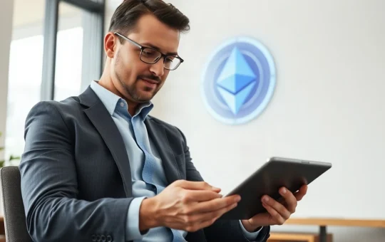 Investor analyzing Ethereum price chart on tablet in modern office