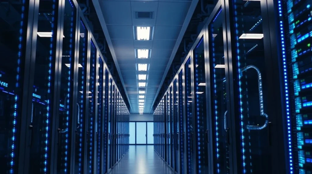 Modern data center with server racks and GPU accelerators, representing Nvidia's AI infrastructure for SpaceX.