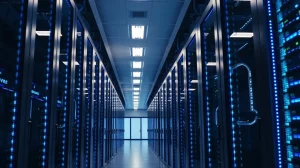 Modern data center with server racks and GPU accelerators, representing Nvidia's AI infrastructure for SpaceX.