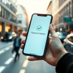 Smartphone showing a bank payment confirmation with digital network overlays in a Finnish city setting