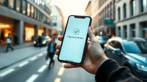 Smartphone showing a bank payment confirmation with digital network overlays in a Finnish city setting