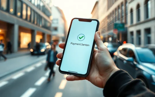 Smartphone showing a bank payment confirmation with digital network overlays in a Finnish city setting