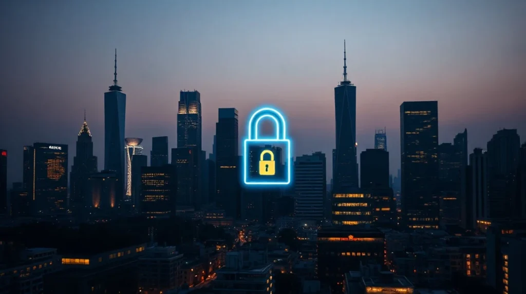 Digital padlock over city skyline with network nodes representing blockchain privacy concerns