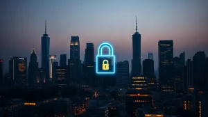 Digital padlock over city skyline with network nodes representing blockchain privacy concerns
