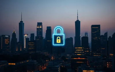 Digital padlock over city skyline with network nodes representing blockchain privacy concerns