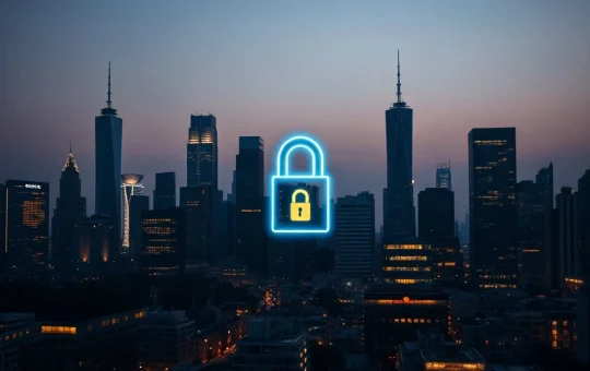 Digital padlock over city skyline with network nodes representing blockchain privacy concerns