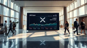 Digital display showing XRP logo and charts in a Hong Kong financial district office lobby