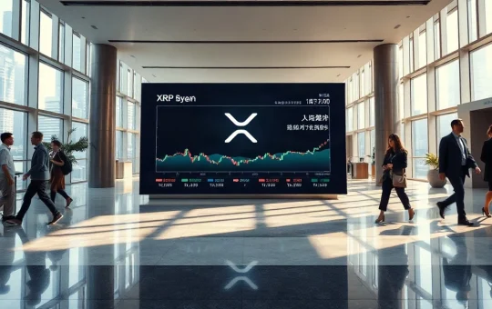 Digital display showing XRP logo and charts in a Hong Kong financial district office lobby