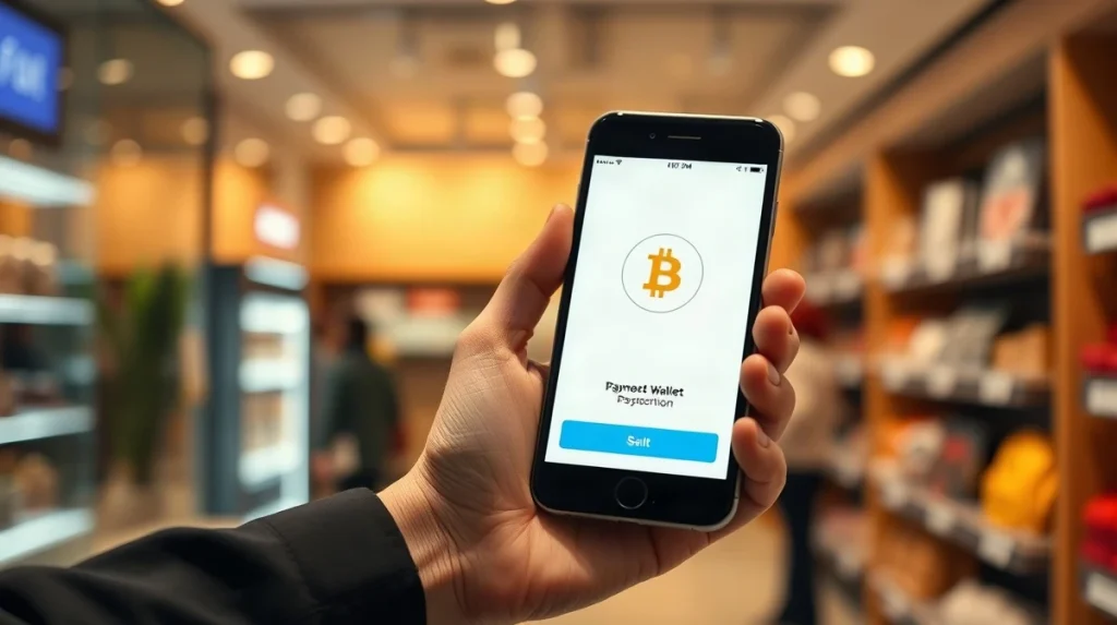 Hand holding smartphone with a digital wallet payment screen and a Pi symbol in a retail store
