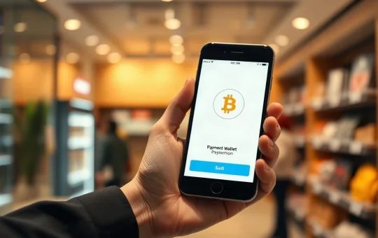 Hand holding smartphone with a digital wallet payment screen and a Pi symbol in a retail store