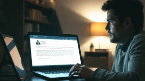 A person looking at a laptop screen showing a phishing email, illustrating a crypto wallet theft.