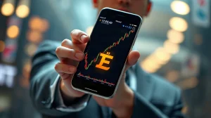 Smartphone displaying a cryptocurrency chart with a Pi symbol in a modern office setting
