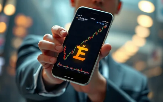 Smartphone displaying a cryptocurrency chart with a Pi symbol in a modern office setting
