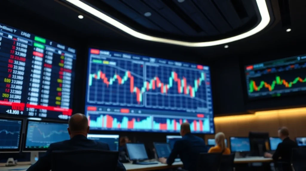 Digital trading screen showing candlestick charts in a modern financial office setting