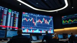 Digital trading screen showing candlestick charts in a modern financial office setting