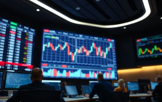 Digital trading screen showing candlestick charts in a modern financial office setting