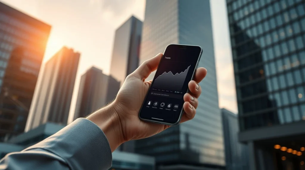 Hand holding smartphone with digital asset dashboard in front of modern financial district skyline