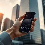 Hand holding smartphone with digital asset dashboard in front of modern financial district skyline