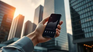 Hand holding smartphone with digital asset dashboard in front of modern financial district skyline