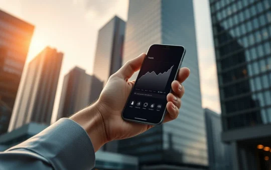Hand holding smartphone with digital asset dashboard in front of modern financial district skyline