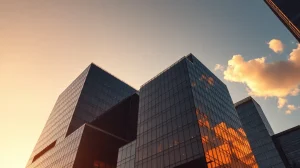 Modern corporate office building in a financial district at golden hour